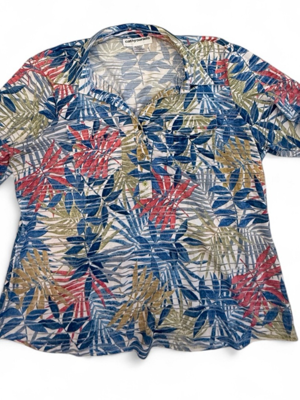 Cathy Daniels Multicolor Leaf-Print Button Down Polo